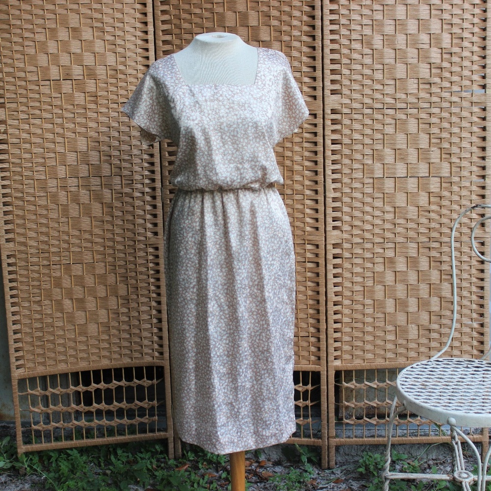 Vintage Beige Floral Short Sleeve Blouson Dress M